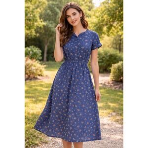 Liz Claiborne Denim Floral Midi Dress Button Front Waist Tie Short Sleeve